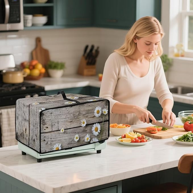 Toaster Oven Cover Washable Small Kitchen Appliance Dust Cover with Pockets, for Air Fryer Toaster Ovens, Microwaves, S, 14.5 x 18.5 x 9 Inches, Daisy Wood Grain