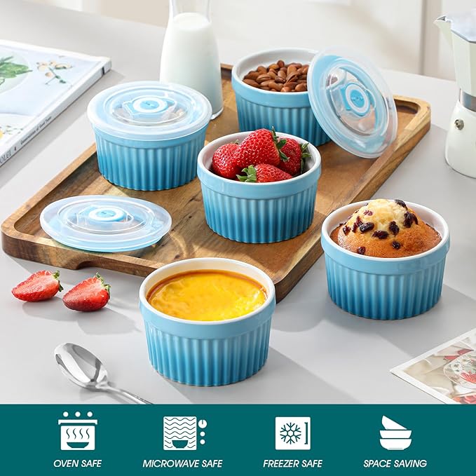 vancasso 8 oz Ramekins with Lid, Porcelain Creme Brulee Souffle Dishes, Blue Pudding Custard Cups Ramiken for Baking, Dishwasher and Oven Safe, Set of 6