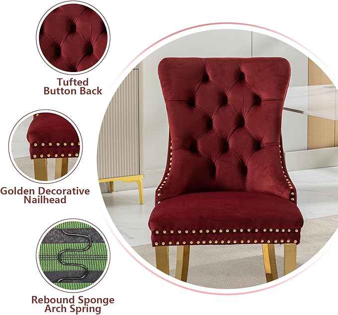 Velvet Dining Chairs Set of 4, Dining Room Chairs Set of 4, Tufted Upholstered Dining Room Chair, Back Ring Pull Trim, Golden Stainless Steel Legs, Wine Red