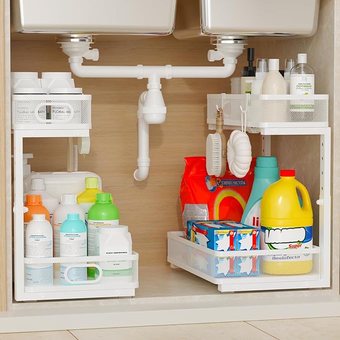 Under Sink Organizer 1 Pack, 2-Tier Slide Out Cabinet Organizer with Metal Sliding Drawer and Hooks, Pull Out Storage Baskets for Kitchen Bathroom Pantry Cabinet Organization (White (1 pack))