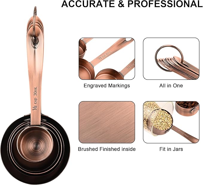 Copper Plate Measuring Cups and Spoons Set of 12, Copper Measuring Cups and Spoons Set with Leveler, Stainless Steel Measuring Spoons & Cups for Dry & Liquid Ingredients During Kitchen&Baking