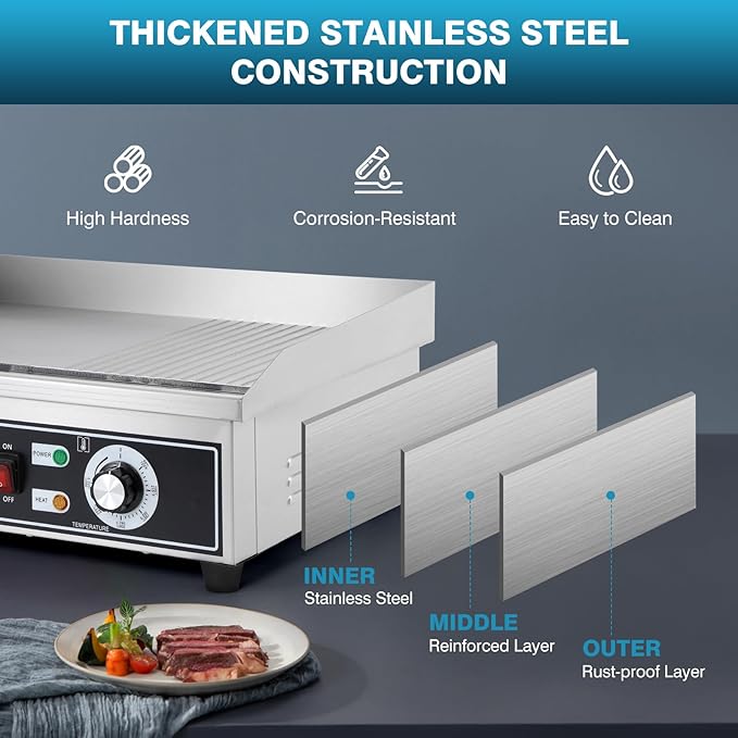 IRONWALLS Electric Griddle Nonstick 22 Inch, Stainless Steel Commercial Griddle for Indoor & Outdoor, 2-IN-1 Half Flat Top Griddle Grill for Restaurant & Home, 122℉-572℉ Adjustable Temperature