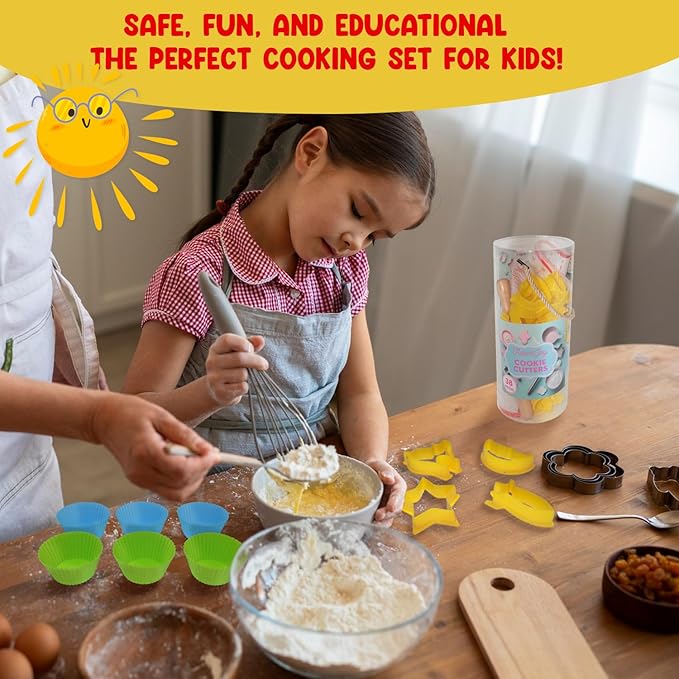 Cookie Baking Cutter Set For Kids - 6 silicon cupcake forms, 24 Assorted Cookie Cutters, Rolling Pin, Silicone Baking Pan, Non-Stick Baking Mat, Fun Activity Gift for Boys and Girls, Age 4+