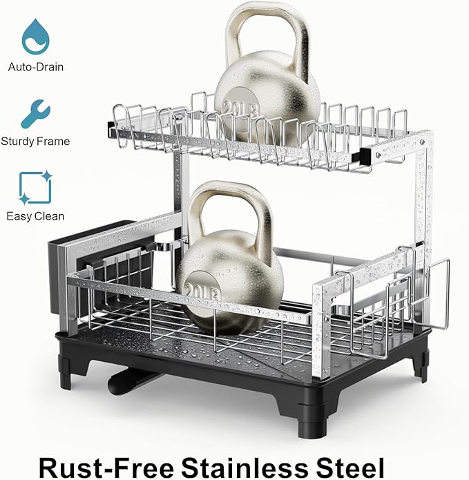 GSlife Stainless Steel Dish Drying Rack 2 Tier, Compact Dish Racks for Kitchen Counter with Cutting Board Holder, Auto-Drain Spout, Rust Proof Dish Drainer for Apartment, 21" L x 12.6" W, Silver