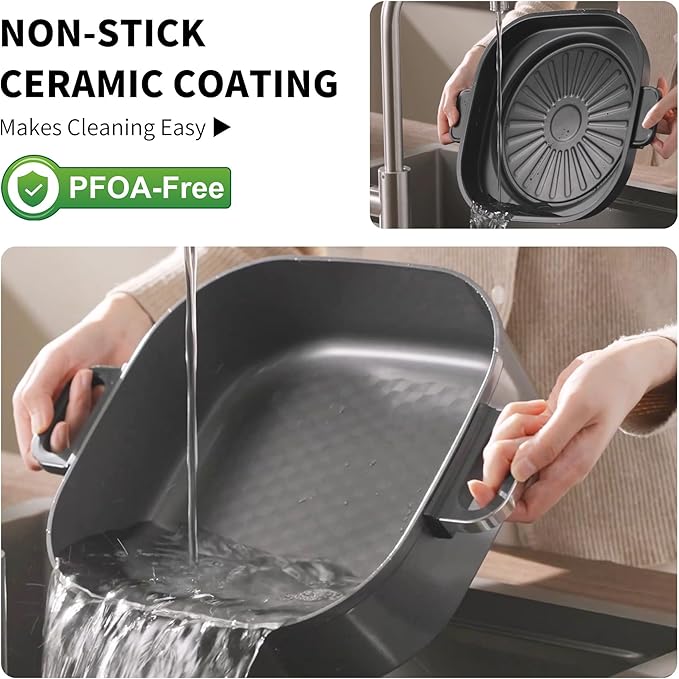6-Quart Electric Skillet with Grill | Non-Stick PFOA-Free Ceramic-Coated Pot, 1600W, Timer & 3 Power Settings for Steak, Egg, Ramen (Includes Tongs) Pot & Grill