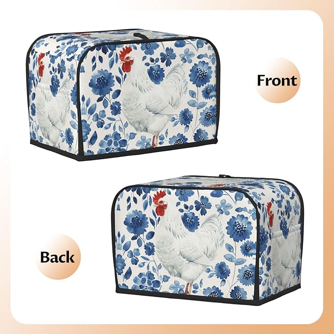 White Rooster On Blue Toaster Cover 2 Slice, Cute Rural Bread Machine Cover, Washable Dust-Proof Cover for Kitchen Small Appliance Cover,with Top Handle