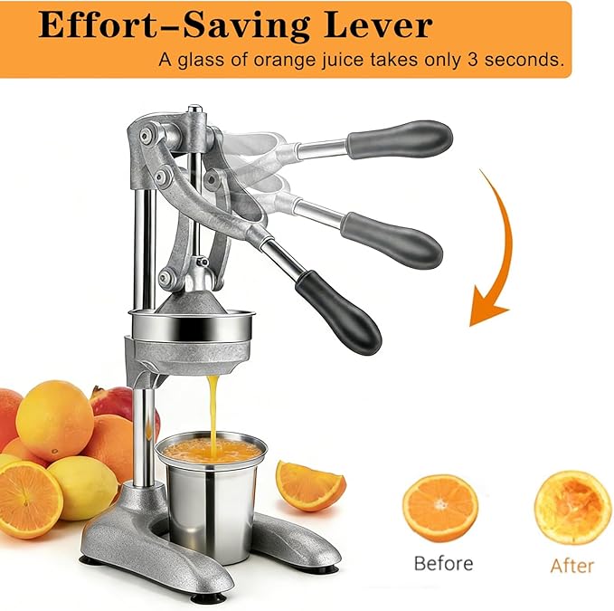 Commercial Grade Manual Citrus Juicer - Heavy Duty Stainless Steel, Easy Press Lever, for Oranges Lemons Pomegranates - Wide Spout Fits Most Cups (Style-A)