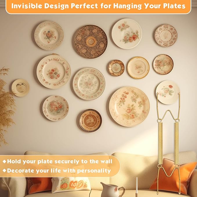 24 pcs Plate Hangers for The Wall, 4/6/8/10/12 Inch Invisible Decorative Wall Plate Hangers, Stainless Steel Plates Walls Hanger for Display Various Sizes with Hooks for Decorative