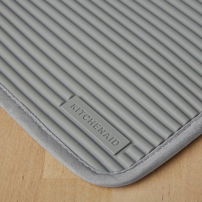 KitchenAid Ribbed Soft Silicone Oven Mitt Set, 7"x13", Grey 2 Count & Ribbed Soft Silicone Water Resistant Pot Holder Set, Grey, 2 Piece Set