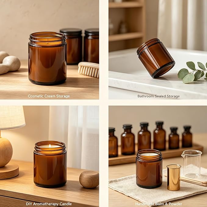 8oz Amber Candle Jars Set of 12,Round Glass Jar with Black Lids,Empty 250ml Glass Candle Making Jar Bulk Thick Small Food Storage Jars for Spice,Candy,Powder