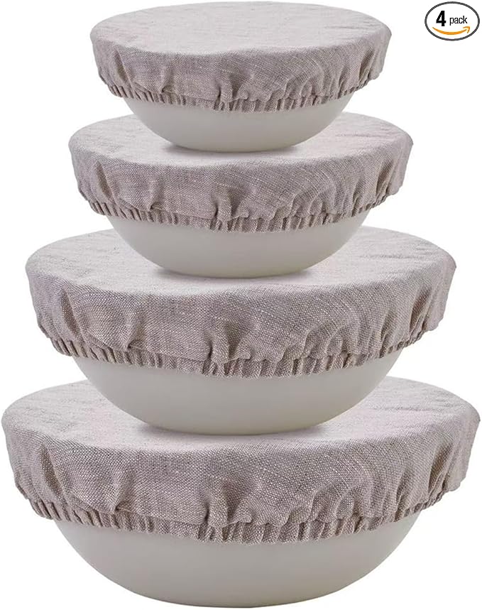 100% Pure Linen Bowl Covers For Bread Proofing, 4 Pcs Elastic Reusable Solid Color Cloth Fabric Bowl Covers,XL Organic Washable Large Stretch Sourdough Lids 6 * 8 * 10 * 12 Inches, Linen