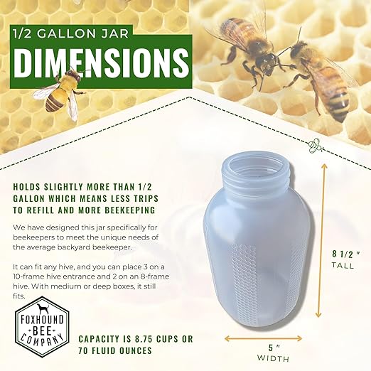 Foxhound Bee Company - Extra Large Plastic Feeder Jars with UV Protection, Small Mouth Neck, Holds Over 1/2 Gallon, Designed for Beekeepers