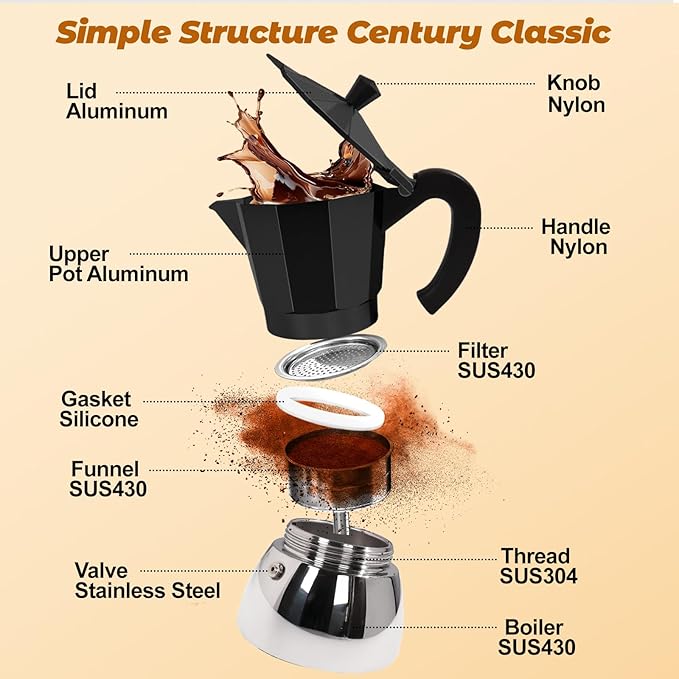 No Coating 4 Cup Aluminum and Stainless Steel Moka Pot Stovetop Espresso Maker Italian Coffee Machine 220ml 7.44oz Suitable for Gas Induction Stovetop Greca Coffee Maker Percolator Black