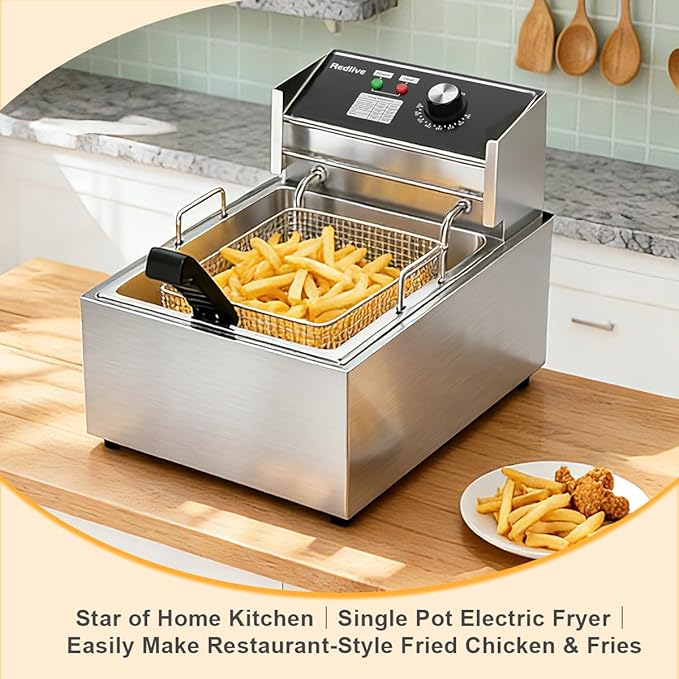 Electric Deep Fryer 10L/10.5QT Stainless Steel Single Tank Commercial Fryer with Basket, 1700W 110V Countertop Deep Fryer for Home Kitchen and Restaurant Use with Oil Thermometer & Temperature Control