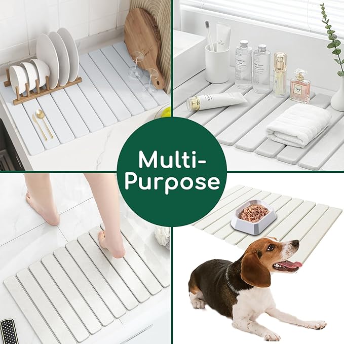 Stone Drying Mat for Kitchen Counter, White 24"×16" Collapsible Fast Drying Dish Mats, Diatomaceous Earth Water Absorbing Mat for Dishes Bottles Cups