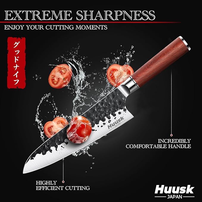 Huusk Japanese Chef Knife, 8 Inch Gyuto Knife with Hand Forged Carbon Steel Blade, Profesional Kitchen Chef Knives with Rosewood Handle, Razor Sharp Japanese Cooking Knives, Gifts Idea for Men & Women