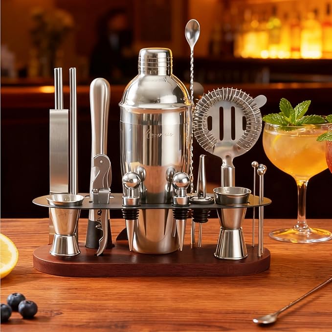 23-Piece Bartender Kit, Cocktail Shaker Set with Stand | Bar Set Drink Mixer Set with All Essential Bar Tools: Martini Shaker,Bar Mixer Spoon, Jigger, Strainer, Muddler, Pourers, for Home, Bar, Party