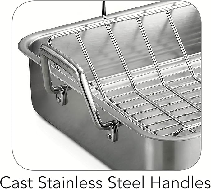 Tramontina 16.5-Inch Stainless Steel Deep Roasting Pan with Basting Grill and V-Rack, Turkey Roaster for Oven, Dishwasher Safe, Made in Brazil