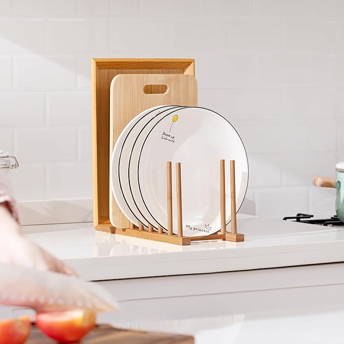 HBlife Heighten and Widen Bamboo Dish Dying Rack Pot Lid Plate Organizer Holder for Cabinet, Cutting Board Stand Drainer Storage Plate Rack for Dish, Pot Lid, Bowl, Cup, Cutting Board and Books