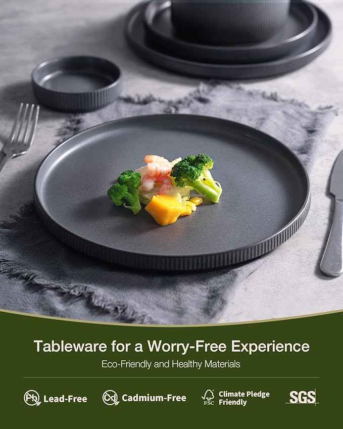 Famiware Star Dinnerware Set with Pasta Bowls, Service for 6 (24 Pieces), Ribbed Stoneware Plates and Double Bowls Sets - Chip & Scratch Resistant, Microwave & Dishwasher Safe, Matte Dark Charcoal