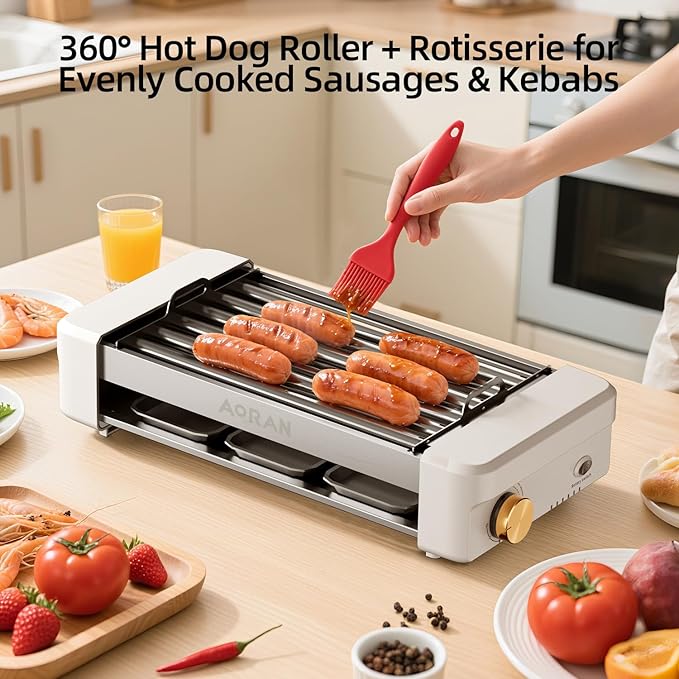 AORAN Electric Indoor Grill Smokeless, 800W Countertop Grill with Removable Non-Stick Cooking Plates & Hot Dog Rack, Easy to Clean, 13.4x8.3 Inch for BBQ, Panini, Meat, Vegetables