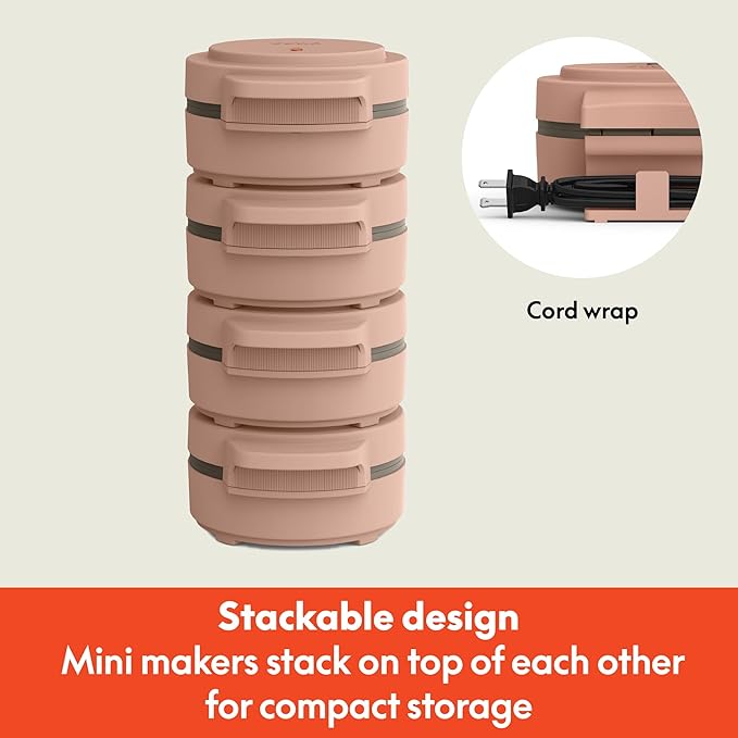 bella Snack-n-Store Mini Waffle Maker, EverGood™ Ceramic Nonstick Coating, Cord Wrap, Ready Indicator Light & Cool Touch Handles, Stackable Design & Customizable Plates, 400 Watt, Blossom