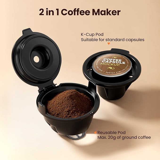 Kismile Single Serve Coffee Maker, 2 in 1 Drop Coffee Machine Compatible with K Cup & Ground Coffee, 5 Brew Sizes 6-14 Oz, 40oz Removable Water Tank,Self-Cleaning Function, Black