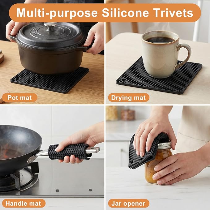 6 Pcs Oven Mitts and Pot Holders Sets for Kitchen, Extra Long Silicone Oven Gloves High Heat Resistant 500 Degrees Non-Slip Potholders Hot Pads for Baking Cooking (Black)
