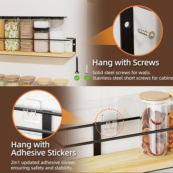 Spice Rack, Self-Adhesive or drilling, Rustic Style Hanging Spice Rack, Spice Organization for Cabinet Door or Wall Mount, Over The Stove, Kitchen Wall, 2-Pack, Wood Color