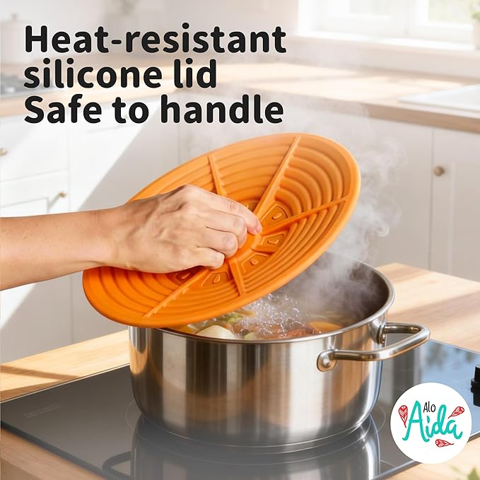 Universal Silicone Pot Lid Set for Pots and Pans, Food-Grade Silicone, BPA Free, Splatter Guard, Heat Resistant, 2 Pack Orange Lids (7–12” + 4–8”)