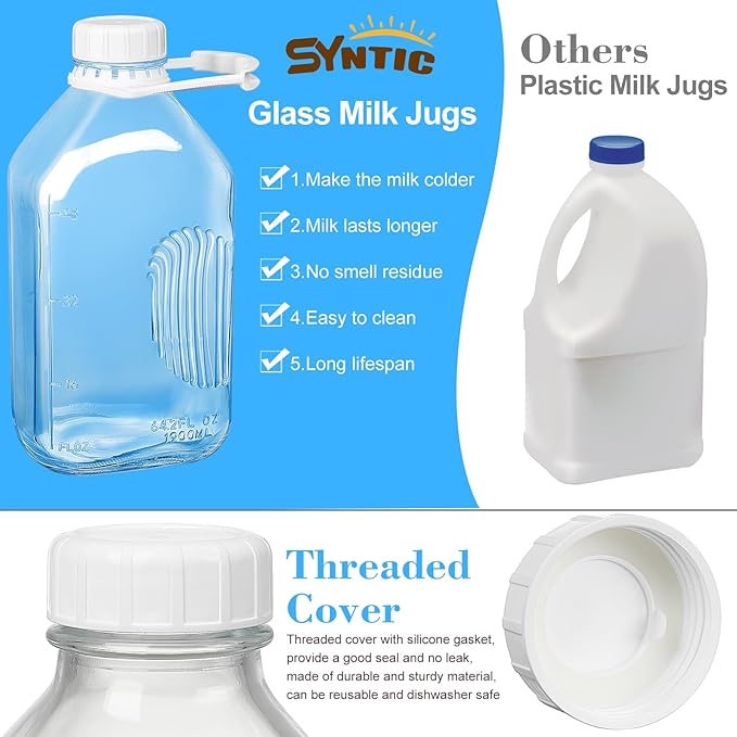 3 Pack 2 Qt Glass Water Bottles with Handle and Airtight Reusable SCREW LID - 64 Oz Juice Jugs, 1/2 Gallon Glass Milk Container for Fridge, Breast Milk Jug Pitcher with 2 Spouts, Extra Lids & Handles