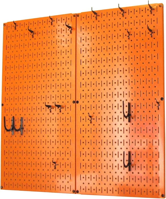 Wall Control Kitchen Pegboard Organizer Pots and Pans Storage Rack Organization Kit with Orange Pegboard and Black Accessories