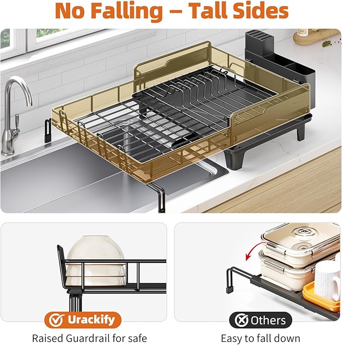 Urackify Dish Drying Rack - Extendable Dish Drainer, Large Dish Rack for Kitchen Counter, Rustproof Dish Strainer with Utensil Holder and Cups Holder, 1 Tier Black