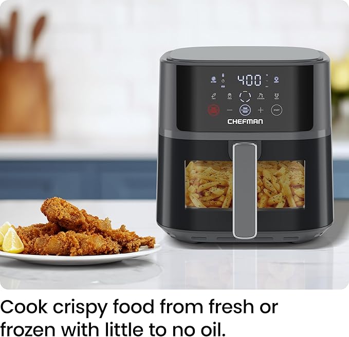 Chefman Air Fryer – 6 QT Compact Airfryer for Quick & Easy Meals, Features Hi-Fry Technology for Extra Crisp, Easy-View Window, Touch Controls with 4 Presets, Nonstick & Dishwasher Safe Basket - Grey