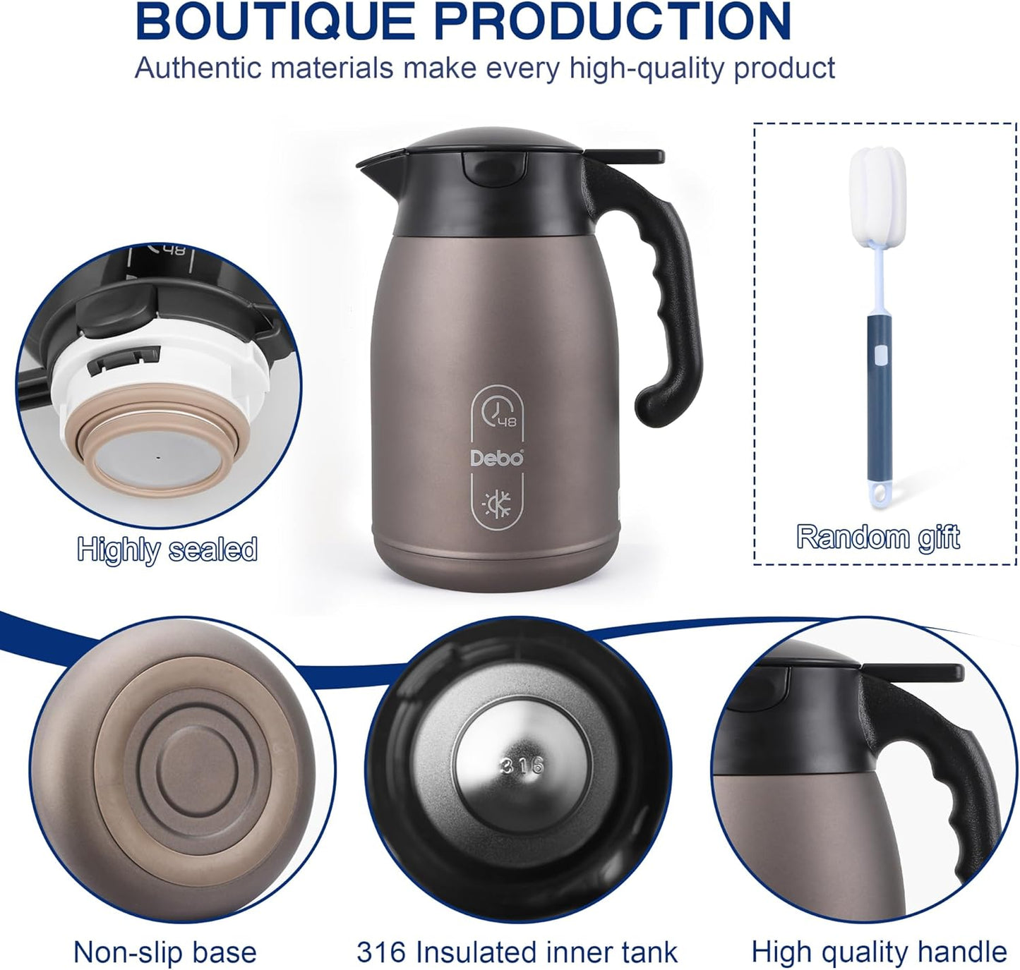 Thermal Coffee Carafe 56oz Large Capacity,Double-Walled Vacuum Insulated Stainless Steel Coffee Pot & Hot Beverage Server,BPA-Free,Keeps Hot Coffee Warm for Hours,Leak-Proof Design（Oatmeal）