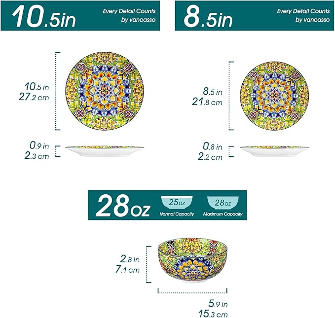 vancasso 12 Pieces Dinnerware Sets, Green Plates and Bowls Set, Porcelain Dishes Set for 4, Microwave and Dishwasher Safe, Scratch Resistant, Bohemian Style Dining Ware Service for 4, Series SIMI
