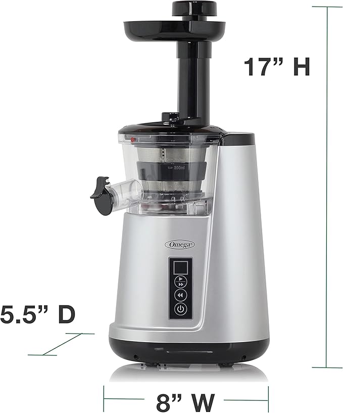 Omega Juicer Cold Press 365 Vertical 65 RPM Slow Masticating Compact Extractor for Fruits and Vegetables with 3 Stage Auger & BPA-Free Container, 150-Watts, Silver