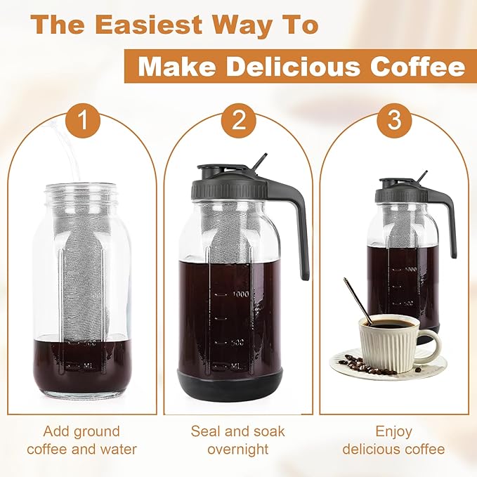 Cold Brew Coffee Maker, 64oz Mason Jar Pitcher with Stainless Steel Filter, Sealed, Leak-Proof Lid with Pour Spout & Handle, Heavy Duty Glass Iced Coffee Tea Brewer with Non-Slip Silicone Base-Black