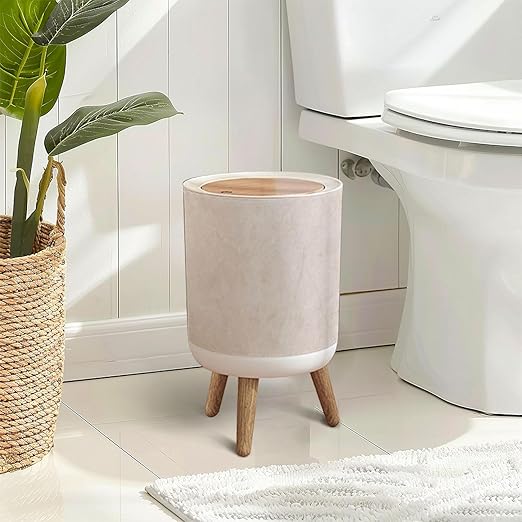 Trash Can with Lid Beige Travertine Stone Texture Press Top Round Small Garbage Bin with Wooden Legs Waste Basket for Kitchen Bedroom Nursery 7L/1.8 Gallon