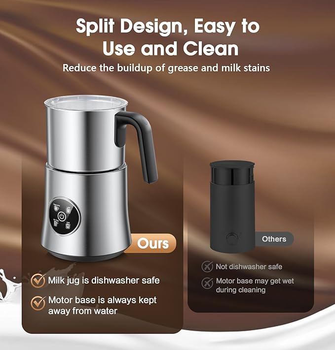 Milk Frother and Steamer, Automatic Hot and Cold Foam Maker with Detachable Stainless Steel Jug, 4-in-1 Electric Frother for Latte, Cappuccinos, Macchiato, and Hot Chocolate