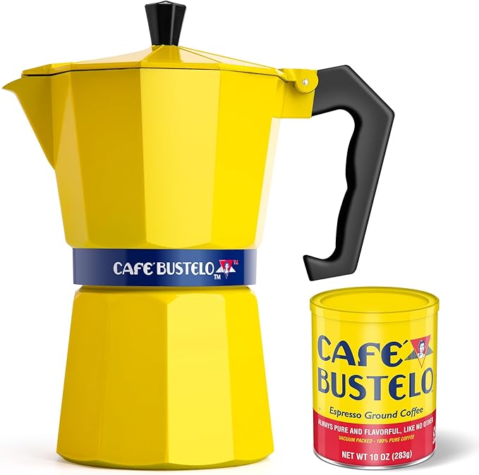 LORD'S ROCKS Café Bustelo Stovetop Espresso Maker – 300 ml Cup Moka Pot Coffee Percolator, Durable Aluminum with Heat-Resistant Handle, Bold Yellow Design – Authentic Café-Style Coffee at Home