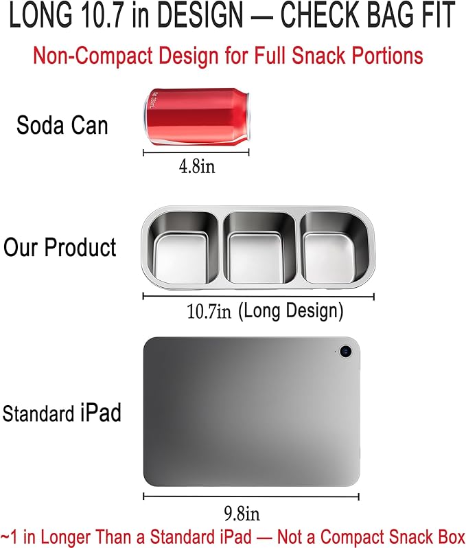 KTKUDY 3 Pack Stainless Steel Snack Containers for Kids & Adults - Large - Leak-Proof 3-Compartment Stackable Snack Lunch Boxes for Daycare, School, Work & Travel