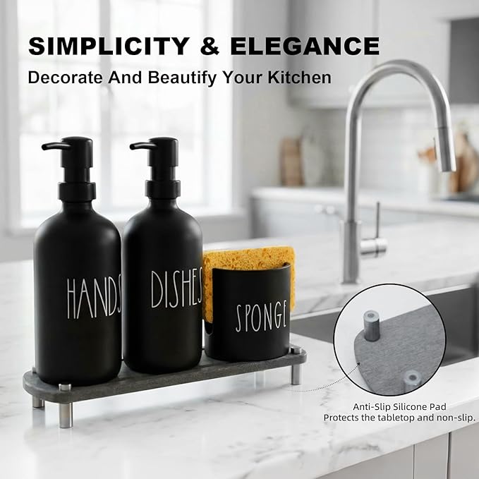 Kitchen Soap Dispenser Set, 16.9 fl oz Hand and Dish Soap Dispensers with Tray, Black Kitchen Soap Dispenser Set with Sponge Holder, Instant Dry Tray, Countertop Sink Organizer Accessories