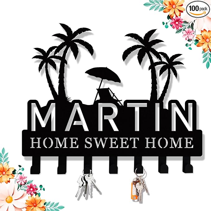Personalized Palm Tree Key Holder for Wall, Custom Name Metal Key Rack, Wall Mounted Key Hanger for Entryway or Hallway, Decorative Keys Holder for Home, Housewarming Gift