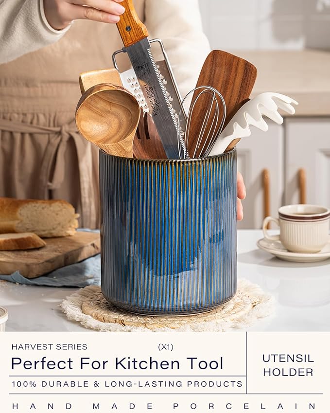getstar Large Utensil Holder for Kitchen Counter,7.2" Vintage Ceramic Utensils Crocks Utensil Organizer for Spatula Farmhouse Kitchen Decor