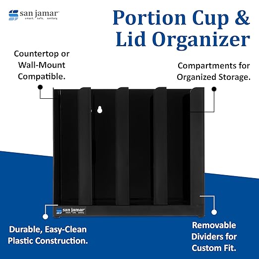 San Jamar Portion Cup and Lid Organizer Fits 2" Cups and Lids with Removable Dividers for Kitchen, Restaurant, and Fast Food, Plastic, 10 x 11.5 x 3.25 Inches, Black