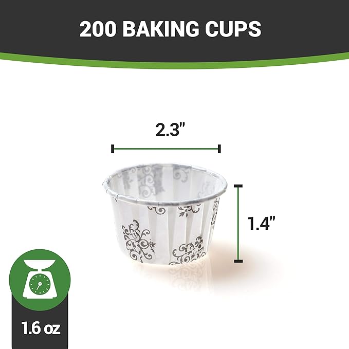Restaurantware Panificio 1.6 Ounce Baking Cups 200 Pleated Cupcake Liners - Oven-Ready Freezable Black And White Paper Muffin Cases Disposable Vintage Floral For Wedding Parties Baby Showers