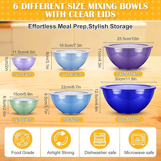LemonRoad 6 Pcs Plastic Mixing Bowl Set with Lids Colorful Serving Bowl Nesting Storage Bowls for Kitchen, Baking, Prepping, Cooking and Serving Food, Dishwasher & Microwave Safe (Dark Blue)