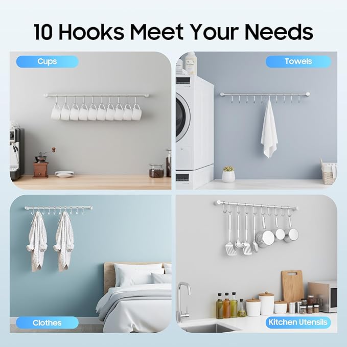 Kitchen Hanging Racks, 304 Stainless Steel 20 Inch Rail Utensil Storage Hanger with 10 Pcs Noiseless Sliding Hooks, Wall Mounted Rod Holder for Pots Pan Spatula Spoon Cookware Mug Cup
