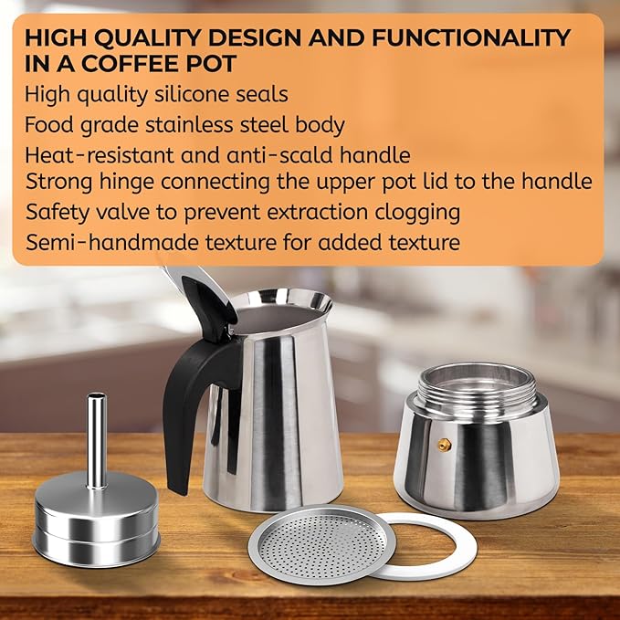 4 Cup 200ml Moka Pot Stainless Steel Espresso Coffee Maker Stovetop Coffeemaker Italian Classic Style Brewing Greca Cafe Mocha Machine for Cafeteras Lover Camping Travel and Home Use 6.6oz
